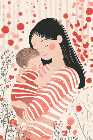 母亲与婴儿条纹红点衣