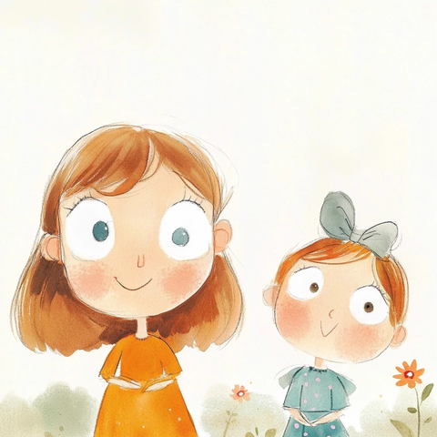 母女合影卡通插画