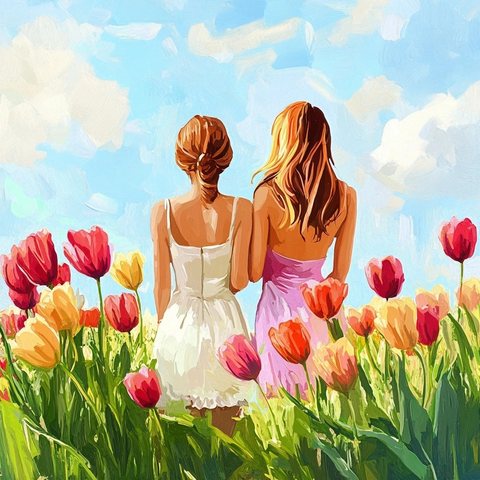 女孩与春日盛放的郁金香