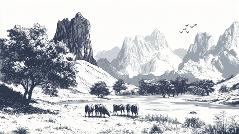 群山间草地放牧的牛群黑白风景画