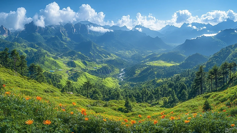 山间绿意盎然点缀橙色花朵的自然景观