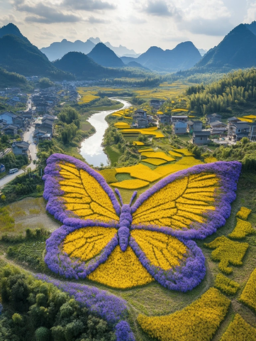 乡村田野中巨大蝴蝶造型的多彩农作物景观