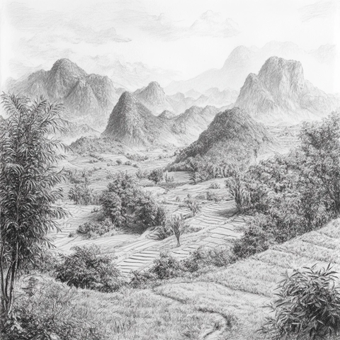山间梯田风光的黑白素描画
