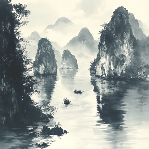 山水墨画风格的漓江山水风光