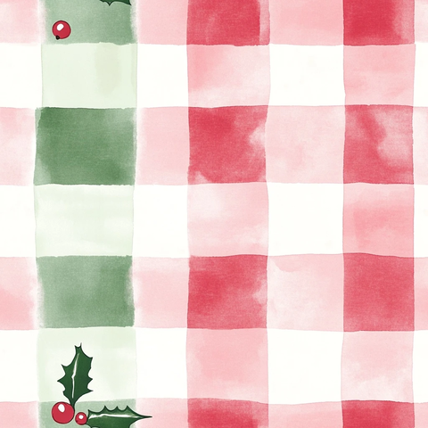 圣诞格纹与冬青浆果水彩画