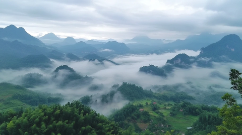 山间云雾缭绕的自然风景