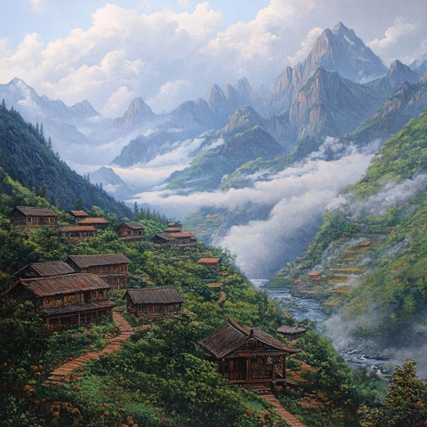 山间村落全景云雾缭绕的自然美景