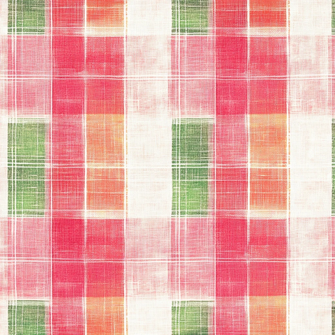 粉红绿珊瑚格子白底面料