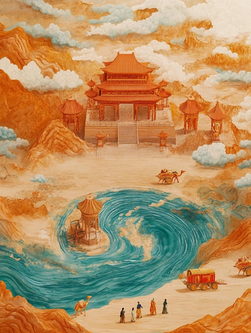 中式建筑旁的沙漠驼队与河流景象