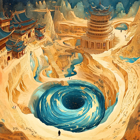 神秘漩涡旁的古风建筑群全景