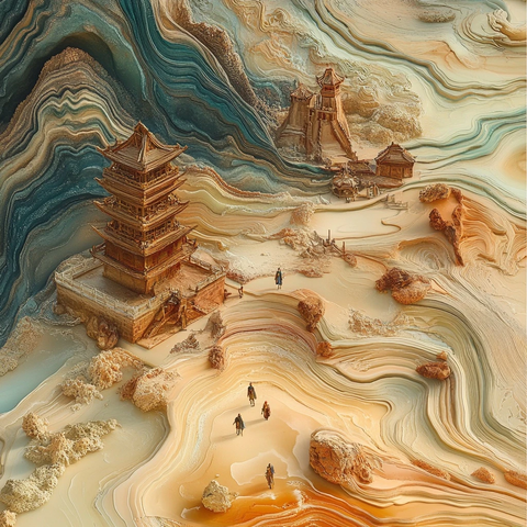 沙漠中古建筑及行人的景象