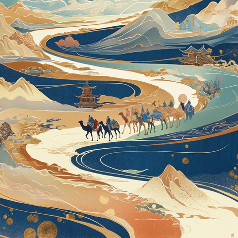 沙漠中骆驼商队行进的壮丽景象