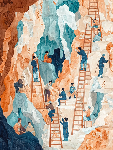 人们在山洞中使用梯子进行劳作的场景