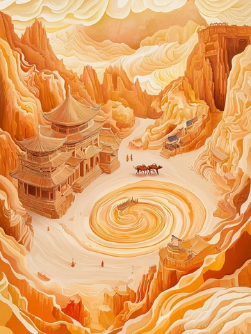 壮丽山景中的古建筑与驼队