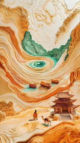 沙漠中驼队与古建筑的奇妙画卷