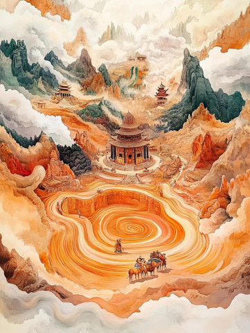 山间古建筑旁有驼队的壮观景象