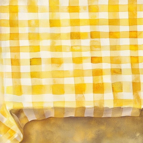 黄色格子桌布水彩画