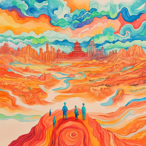 四人在多彩地貌上眺望远方古建筑