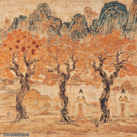 山林间三位古装人物的古典意境画