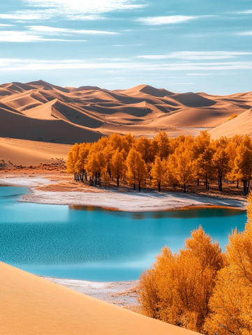 沙漠中湖水旁的金色树林景观