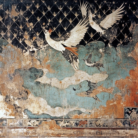 古代壁画中展翅飞翔的白鹤形象