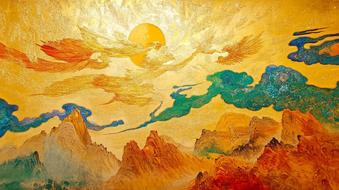 绘有凤凰与太阳的中国风山水画卷