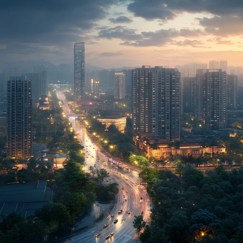 城市高楼间的车水马龙夜景