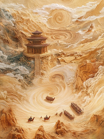 沙漠中古建筑旁的商队景象