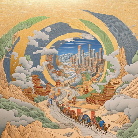 沙漠中骆驼商队与现代都市的奇妙融合