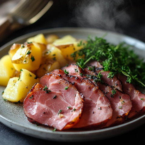 烟熏火腿片配土豆细香草