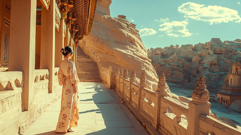 古装女子漫步于古老建筑走廊