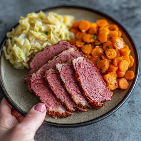 手捧餐盘切片牛肉煮卷心菜