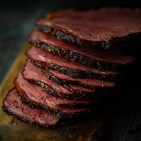 厚层多汁粉红熏牛肉