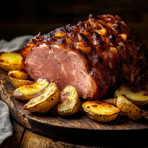 烤火腿配炸薯角木板盛