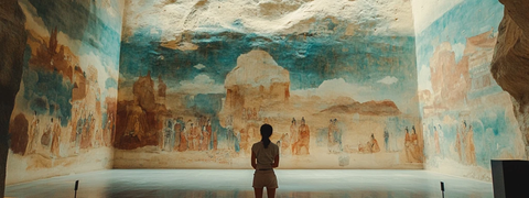 女子站在壁画前参观的场景