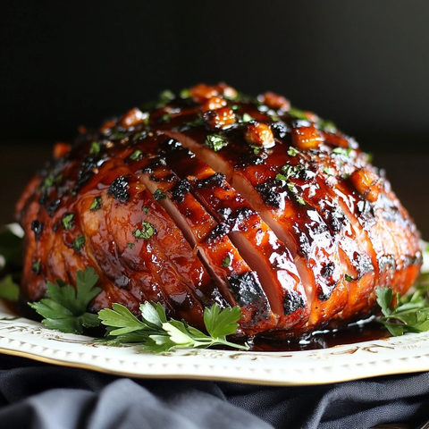 甜酸糖浆烤火腿配香草