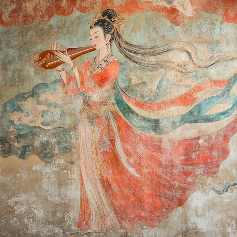 古装女子弹奏琵琶的古典壁画