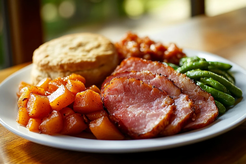 乡村火腿配甘薯青豆晚餐