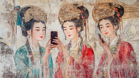古装女子手持手机的壁画
