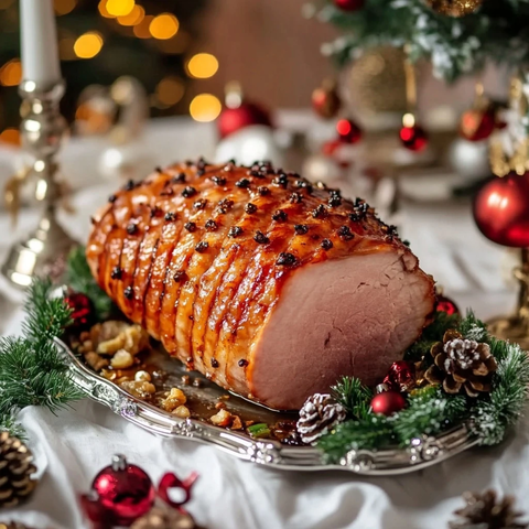 银盘上香料装饰的火腿