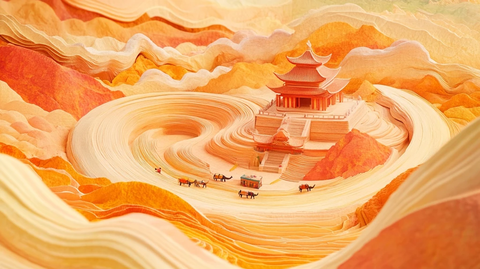 沙漠中驼队与古建筑相映的壮观景象