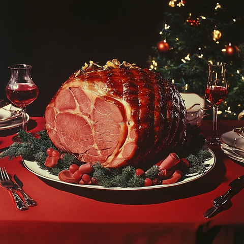 圣诞火腿红布餐桌静物