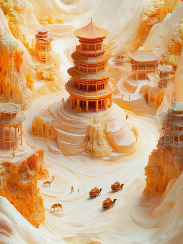 中式古建筑群与驼队的艺术呈现