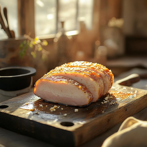 烤制火腿与木质厨房