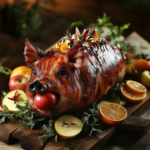烤乳猪与苹果及鲜艳蔬果