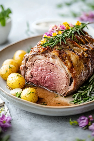 烤羊排配迷迭香与花卉摆盘