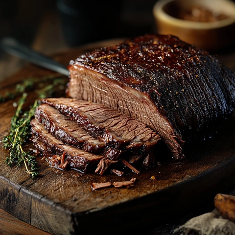 烤牛肉片搭配深色餐盘