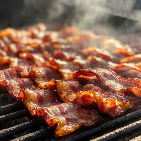 烧烤架上多片培根冒烟