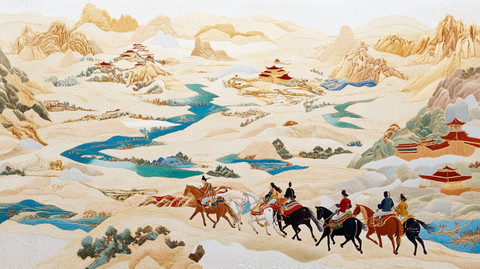 大漠中骑马的队伍风景图