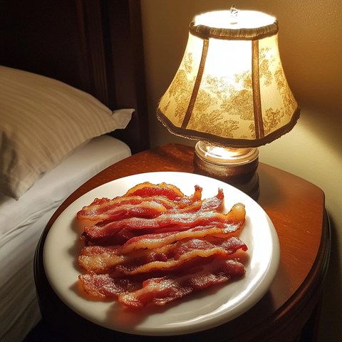床头桌上的小盘煎培根